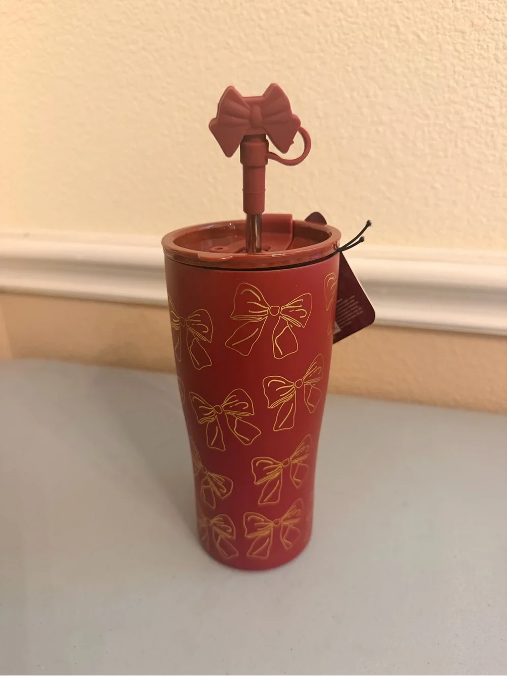 Red Bow-Print Travel Tumbler with Bow-Top Straw